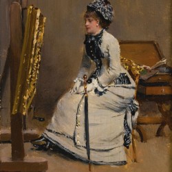 Lady with blue hat inside the artist studio